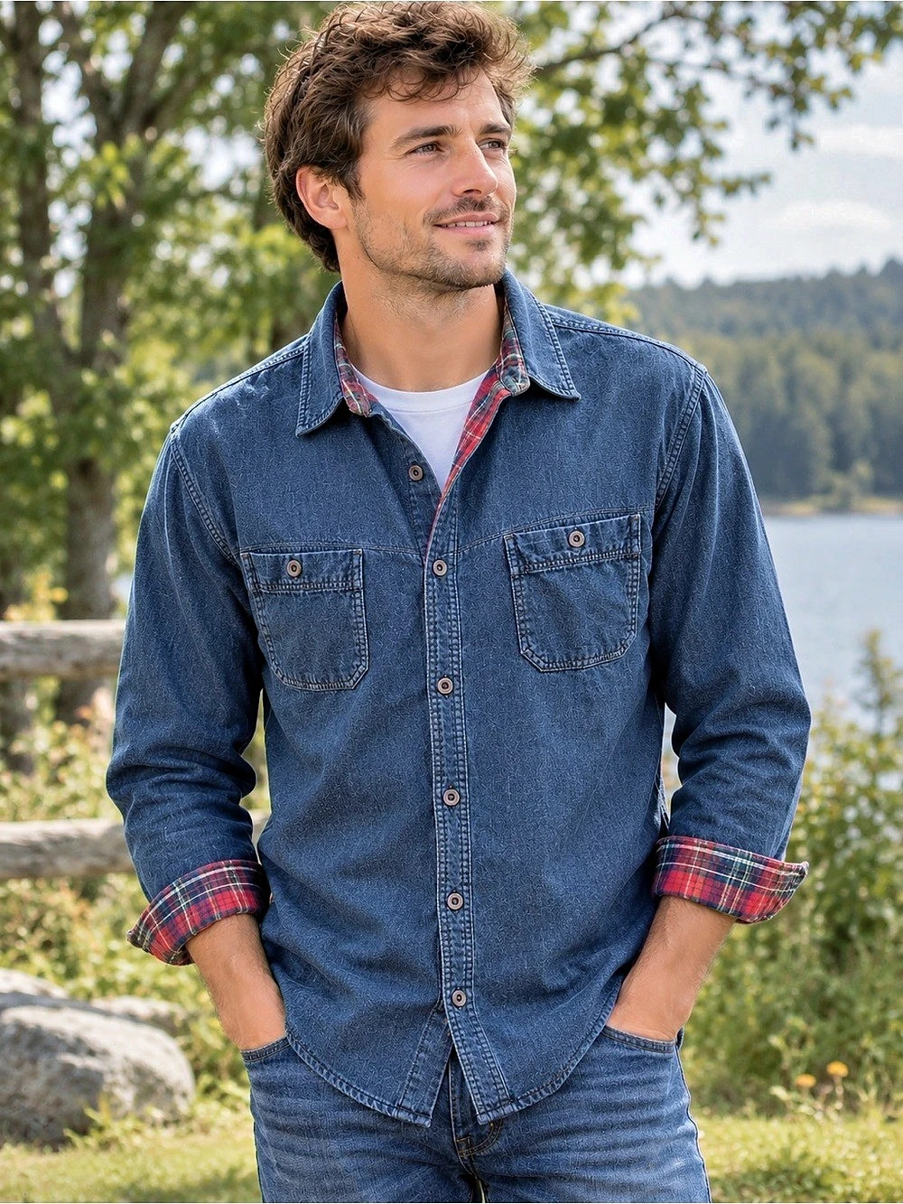 Vintage Plaid-Lined Denim Shirt in Blue & Red
